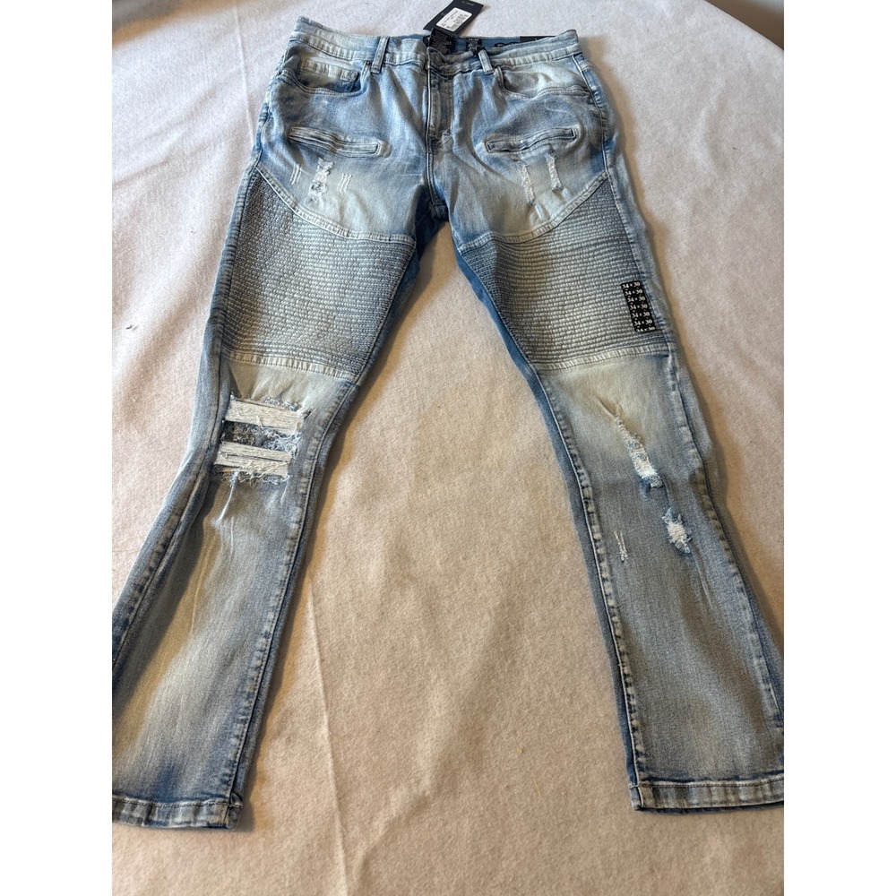Track 23‎ Moto Skinny Jeans Mens 34x30 Light Wash New Distressed Ripped Biker